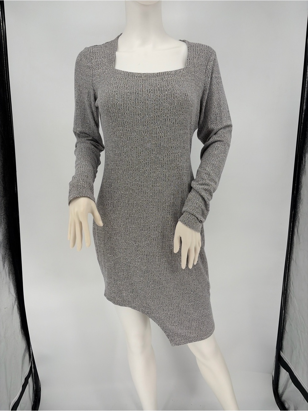 Square-Neck Asymmetrical Knit Dress in Grey